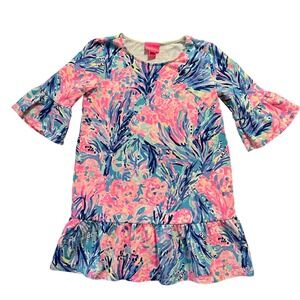 Lilly Pulitzer Dress Girls L 8-10 Pink Blue Floral Bell Sleeve‎ Ruffle Coastal